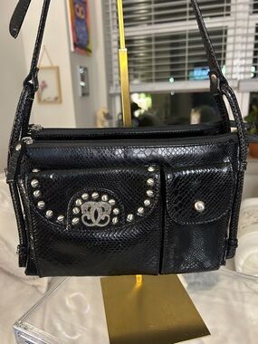 Sharif Black Snake Embossed with Gun Metal Studs Crossbody Bag  7”x 9.5” EUC